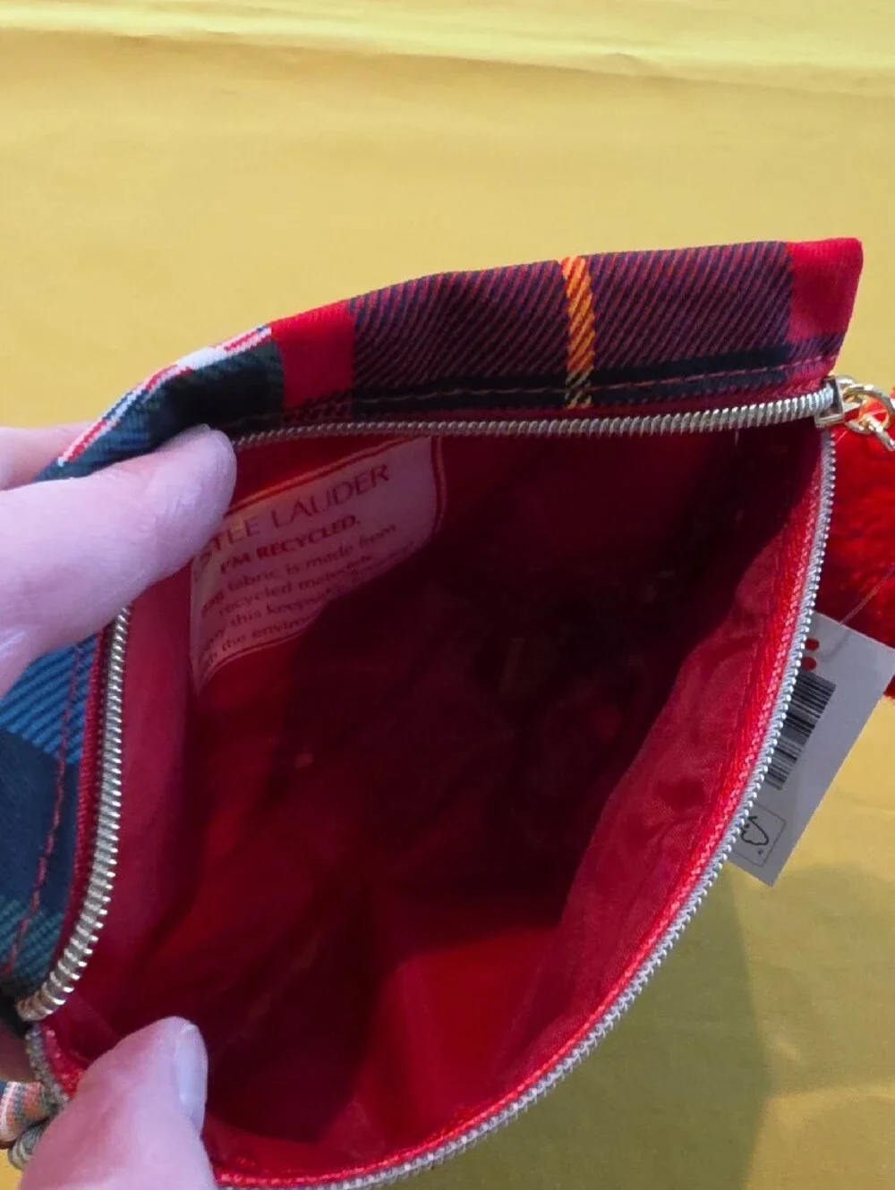NWT Estée Lauder Plaid Tartan Cosmetic Bag Recycled Fabric Varsity Crest Pom Pom